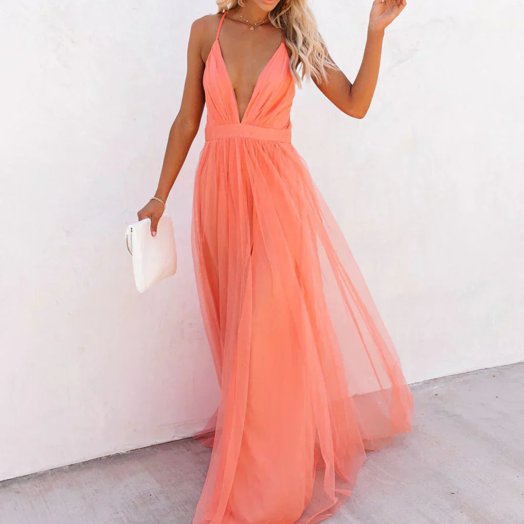 Robe Longue Lumière Corail – Soirée Élégante