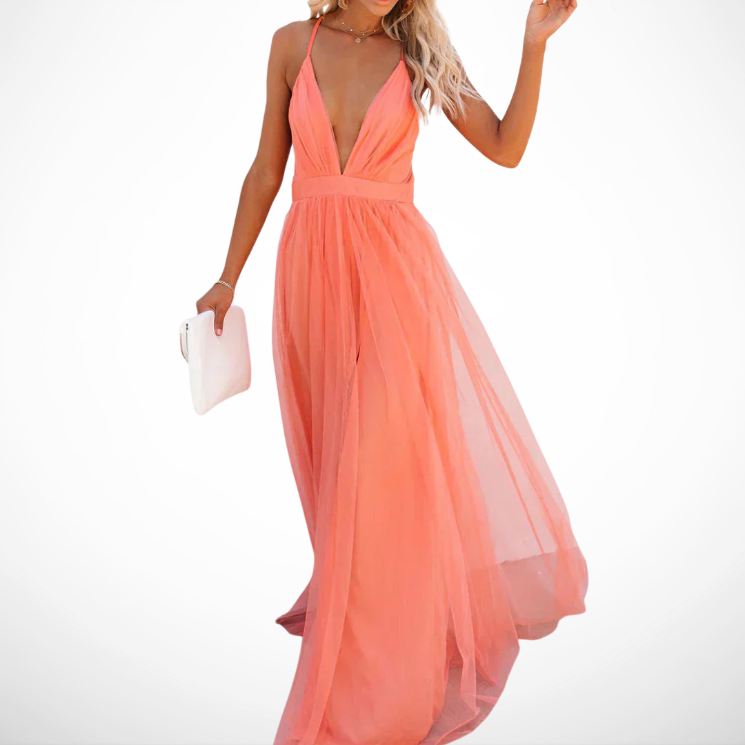 Robe Longue Lumière Corail – Soirée Élégante