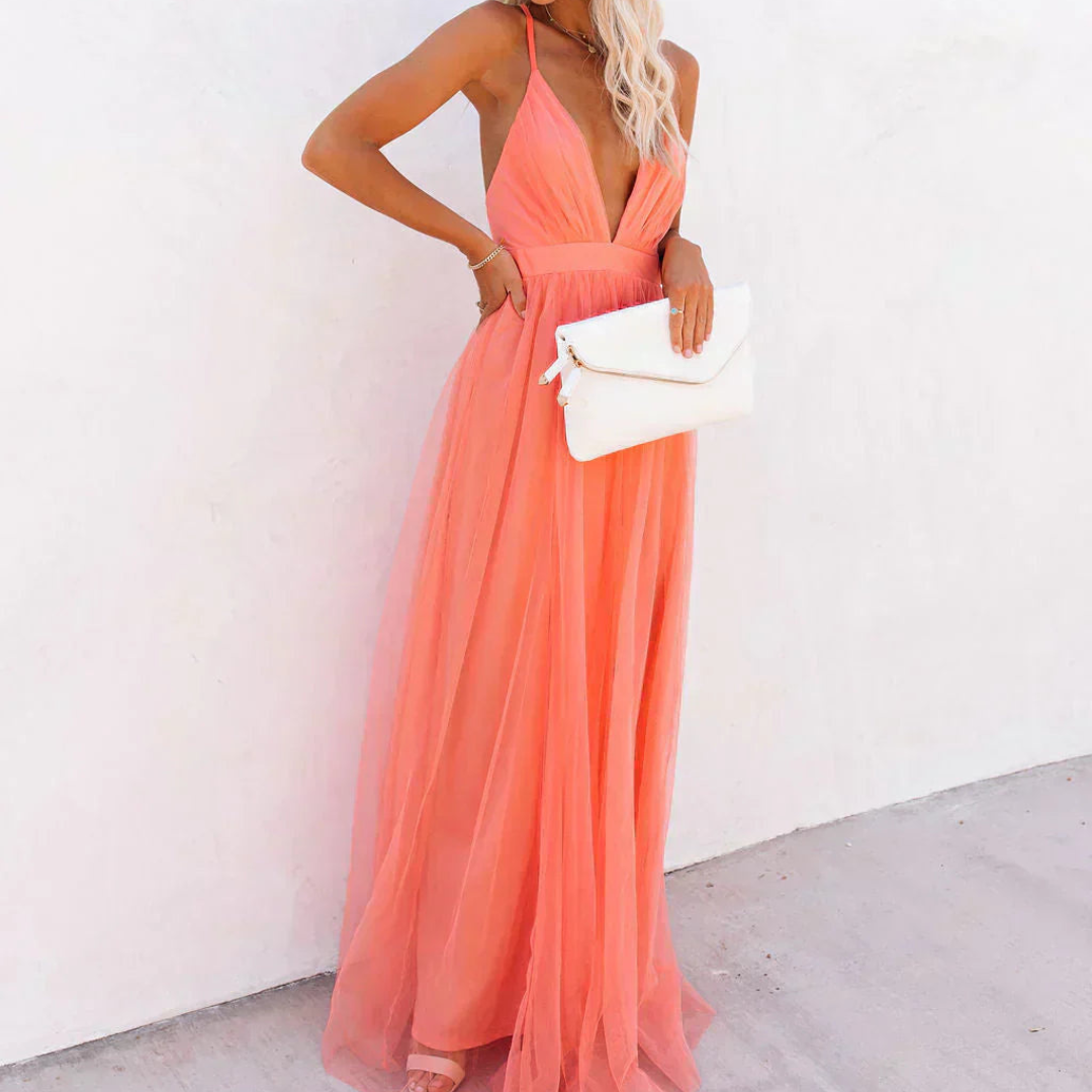 Robe Longue Lumière Corail – Soirée Élégante
