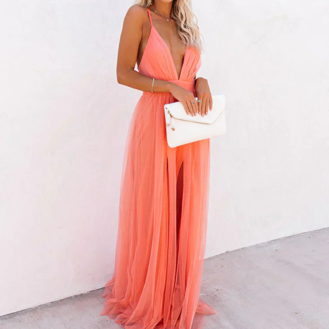Robe Longue Lumière Corail – Soirée Élégante