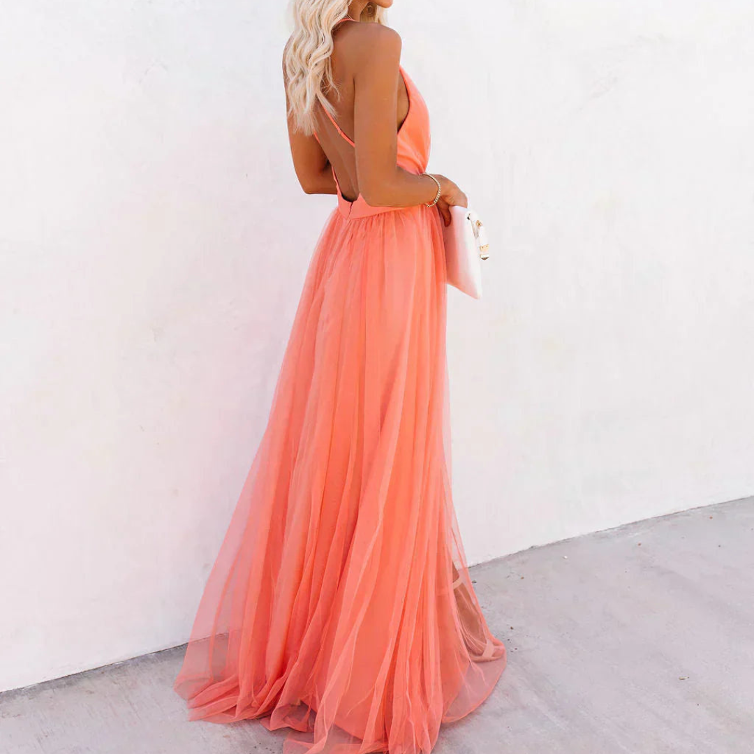 Robe Longue Lumière Corail – Soirée Élégante