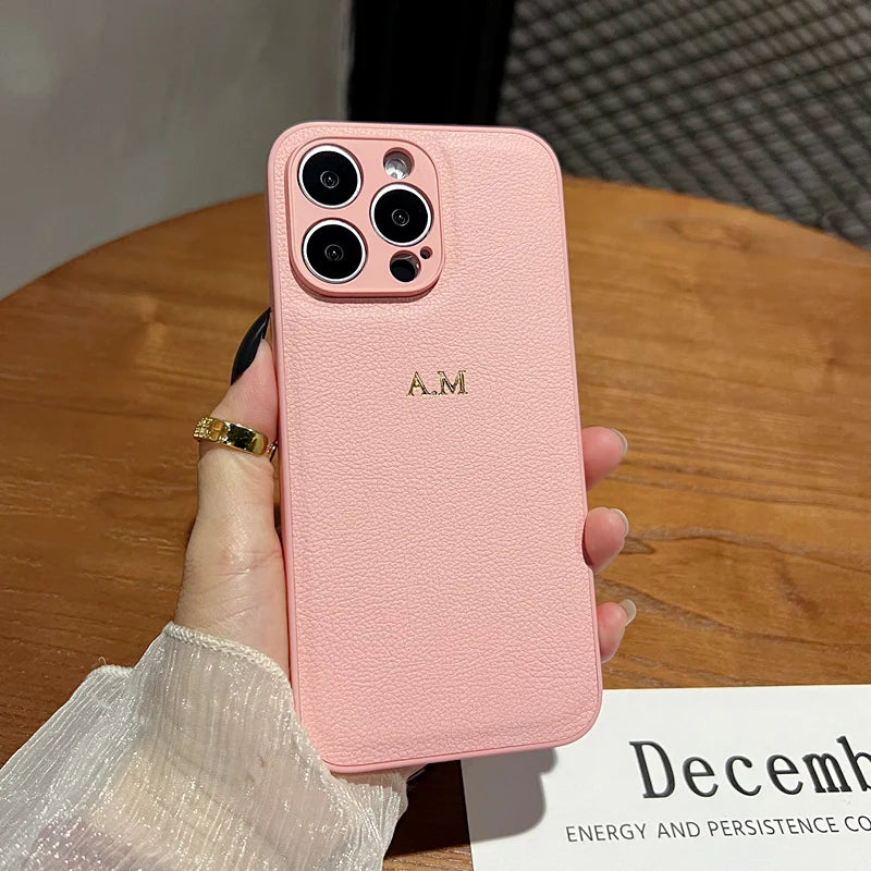 Étui en cuir personnalisé de luxe avec initiales dorées pour iPhone