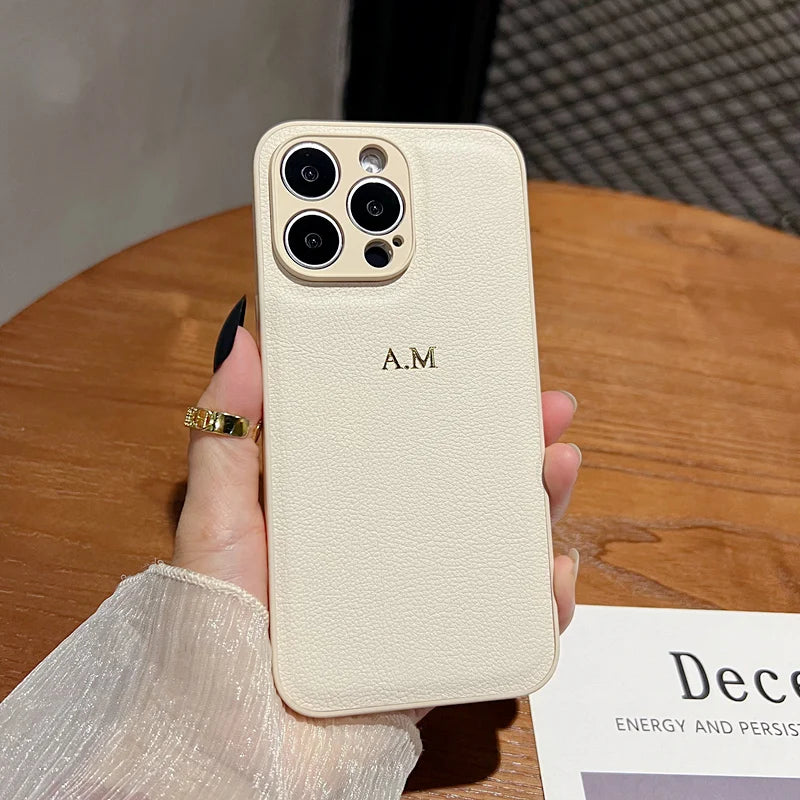 Étui en cuir personnalisé de luxe avec initiales dorées pour iPhone