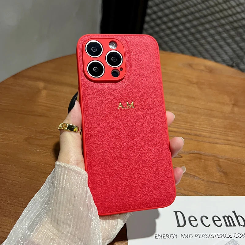 Étui en cuir personnalisé de luxe avec initiales dorées pour iPhone