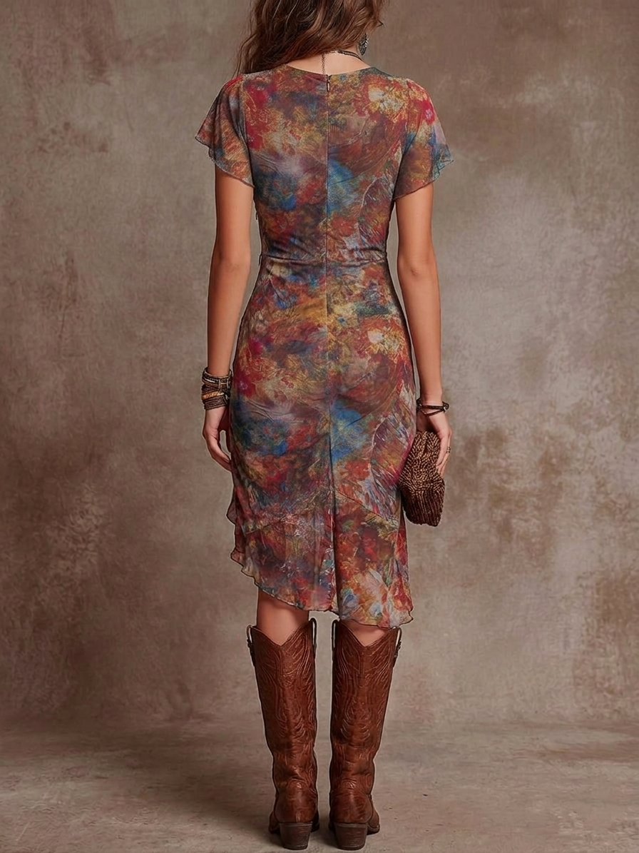 Robe plissée à encolure en V de style bohème