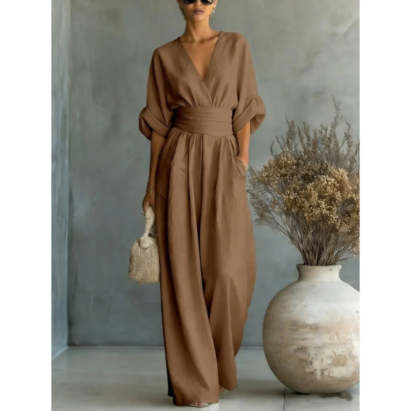 Combinaison ample à taille haute & encolure V pour femme✨