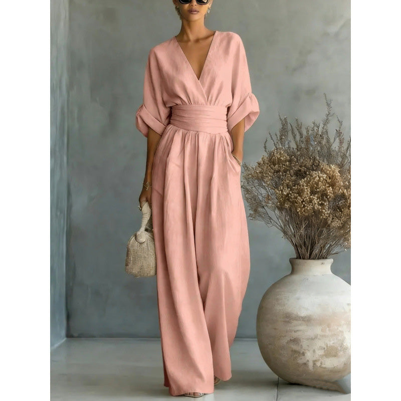 Combinaison ample à taille haute & encolure V pour femme✨