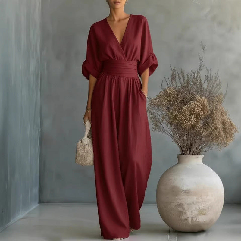 Combinaison ample à taille haute & encolure V pour femme✨