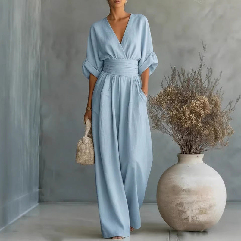 Combinaison ample à taille haute & encolure V pour femme✨