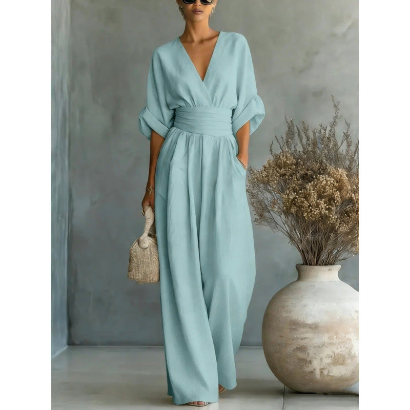 Combinaison ample à taille haute & encolure V pour femme✨