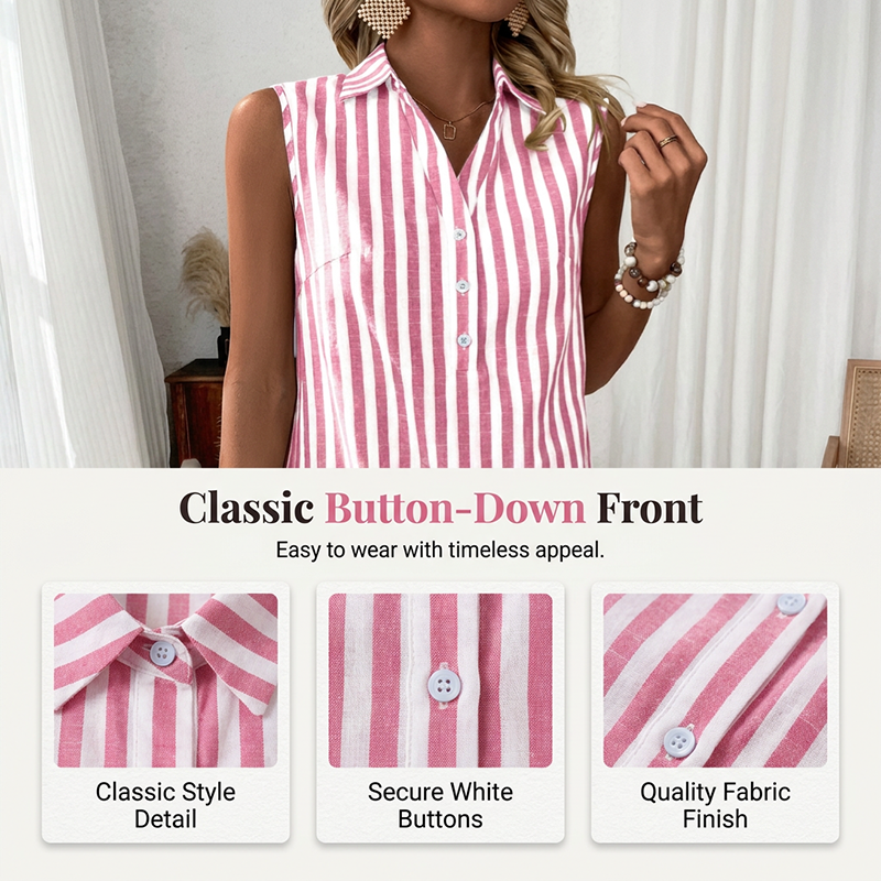 Robe chemise rayée sans manches pour femmes col en V 🌸