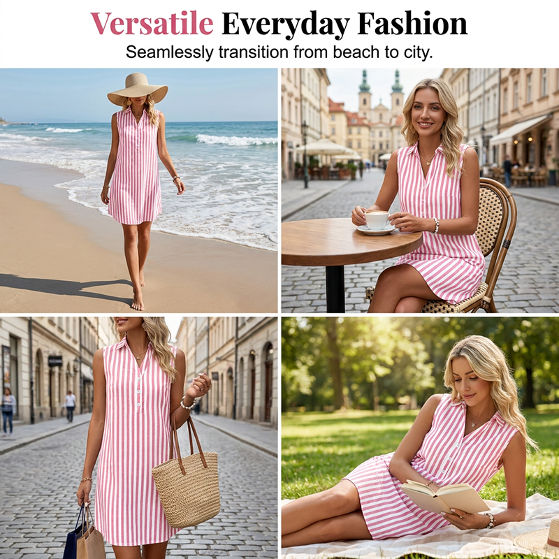 Robe chemise rayée sans manches pour femmes col en V 🌸